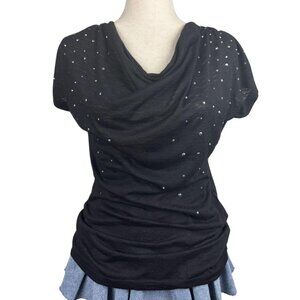 Hybrid Black Rhinestone Drape Neck Short Sleeve Top Women’s Size Medium